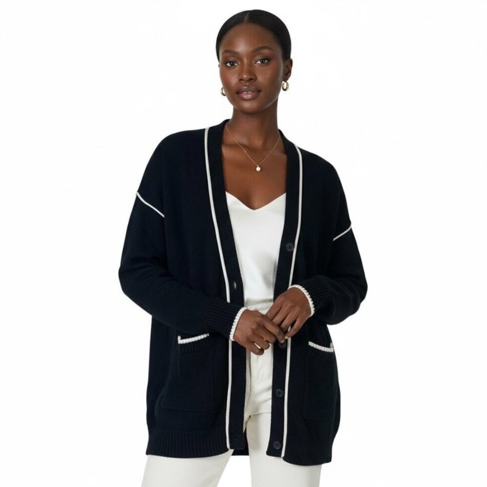 Cabi Black White Trim Oversized Cardigan M Preppy Old Money Cozy Knit Clean Girl